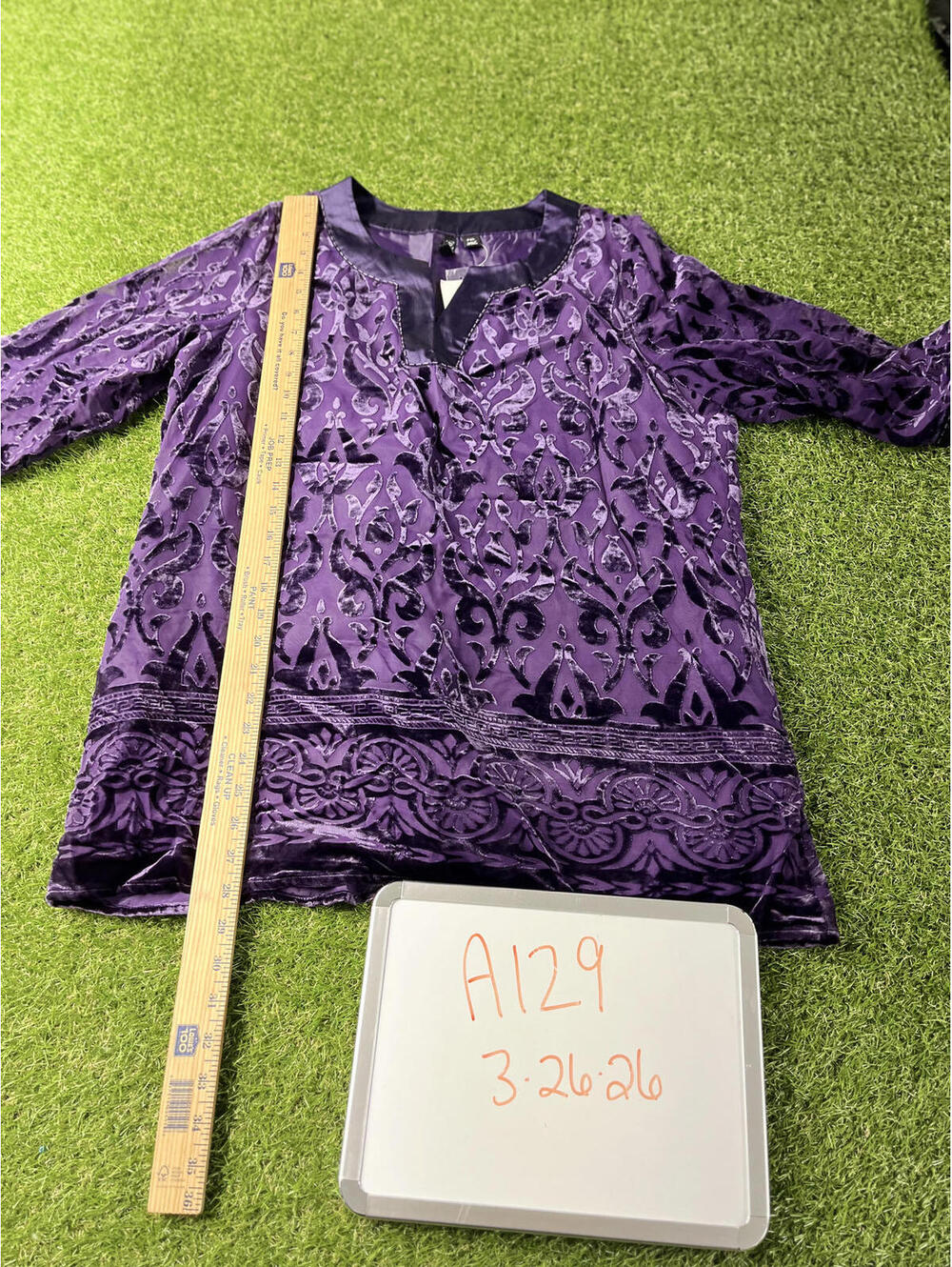 Relativity Tunic Boho V‎ neck 3/4 sleeves Purple Velvet Burnout Top PXL